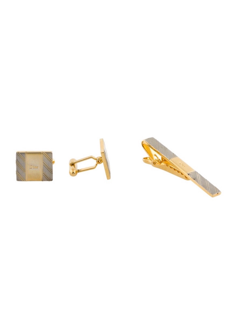 Christian Dior Vintage Gold and Silver Tone Tie Clip and Cufflink Set